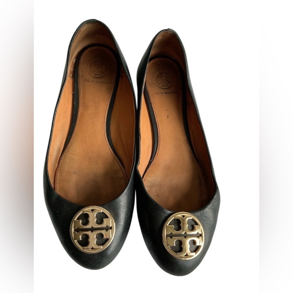 Tory Burch Black Leather Flats with Gold Emblem